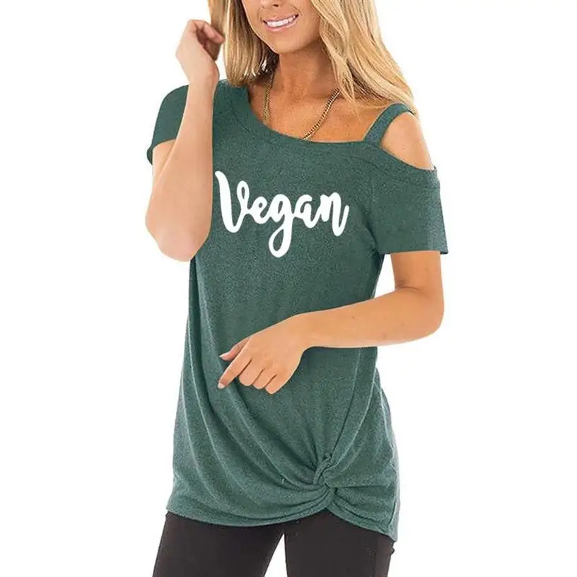 

Classic VEGAN Letters Printing T-Shirt Skew Collar Leisure Tops Women T Shirt Harajuku Summer Girl Cute Top T-shirt XXL