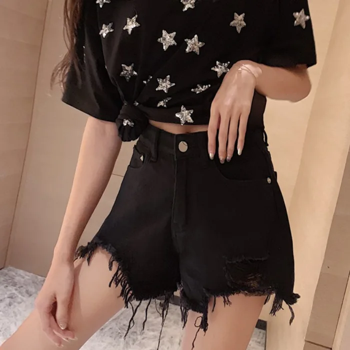 

of tall waist hole bull-puncher knickers female new spring 2021 han edition show thin flash a word wide leg hot pants