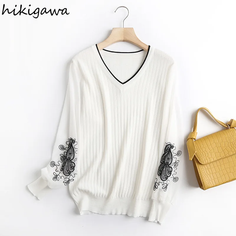 

Hikigawa Sweater Jumpers Floral Embroidery Chiffon Sleeve V Neck Woman Sweaters Solid Thin Casual Loose Knitted Pullover Tops