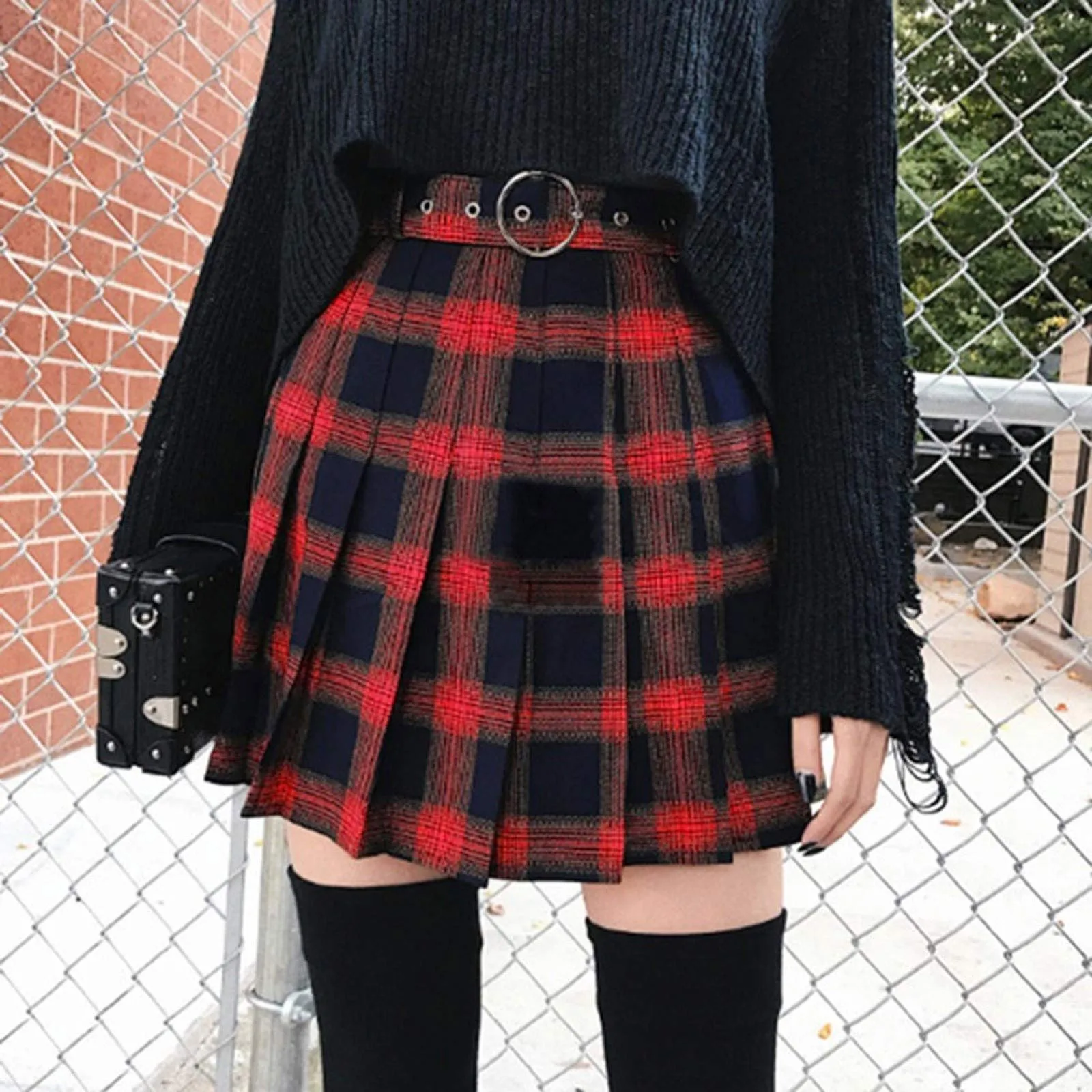 

2021 New Women's Pleated Skirt Casual High Waist Mini Skirt Flared A-line Mini Skirt Woolen Plaid Print Lace-up Skirt Falda