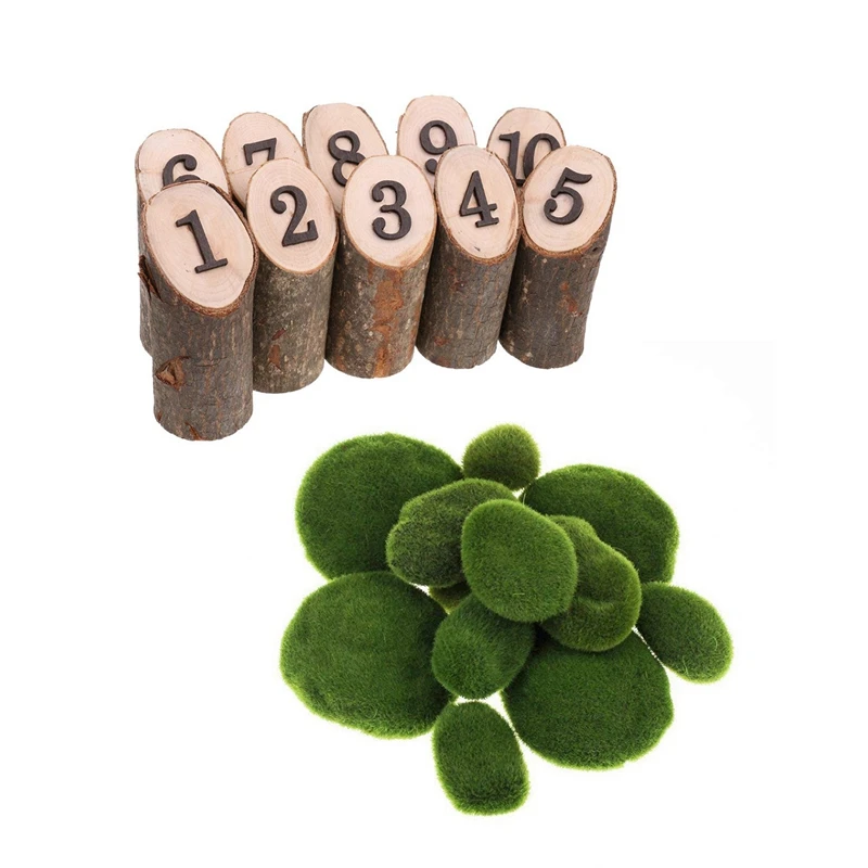 10x Rustic 1-10 Wooden Table Numbers &amp 20 Pieces 2 Sizes Artificial Moss Rocks Decorative Faux Green Covered Stones | Дом и сад