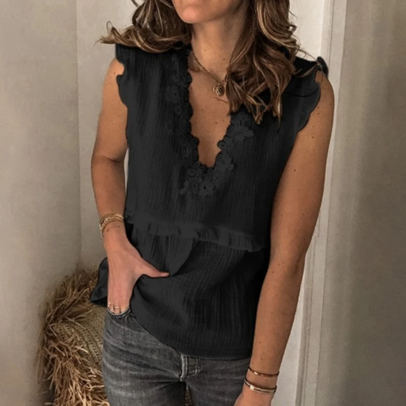 

Women T-shirt 2020 New Summer Lace Patchwork V Neck Tops T Shirt Sleeveless Casual Solid Tops Tee Tops