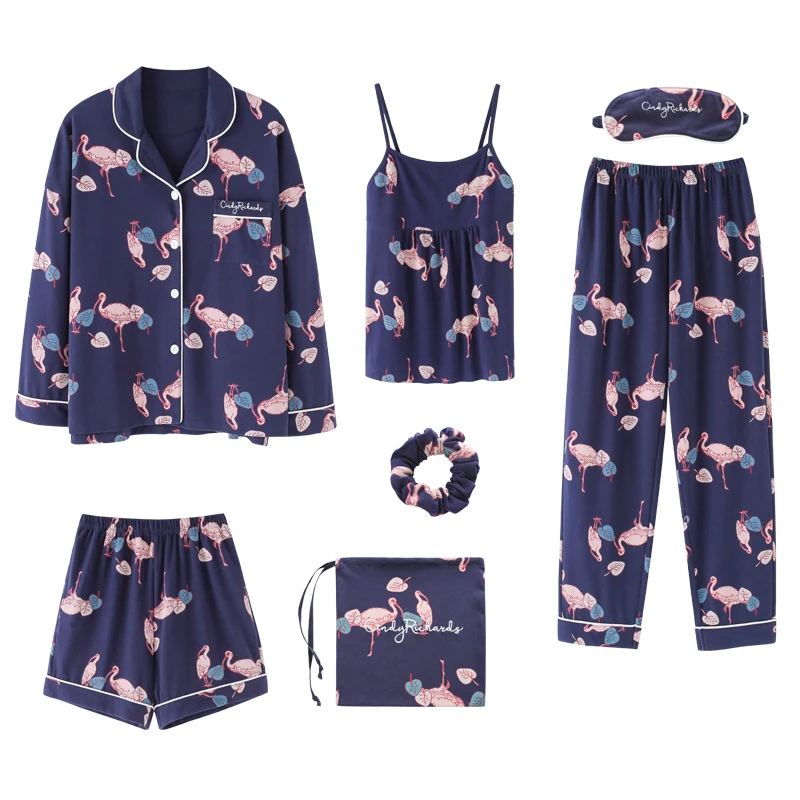 Осенне зимние пижамные комплекты из 7 предметов 100% хлопок с отложным воротником