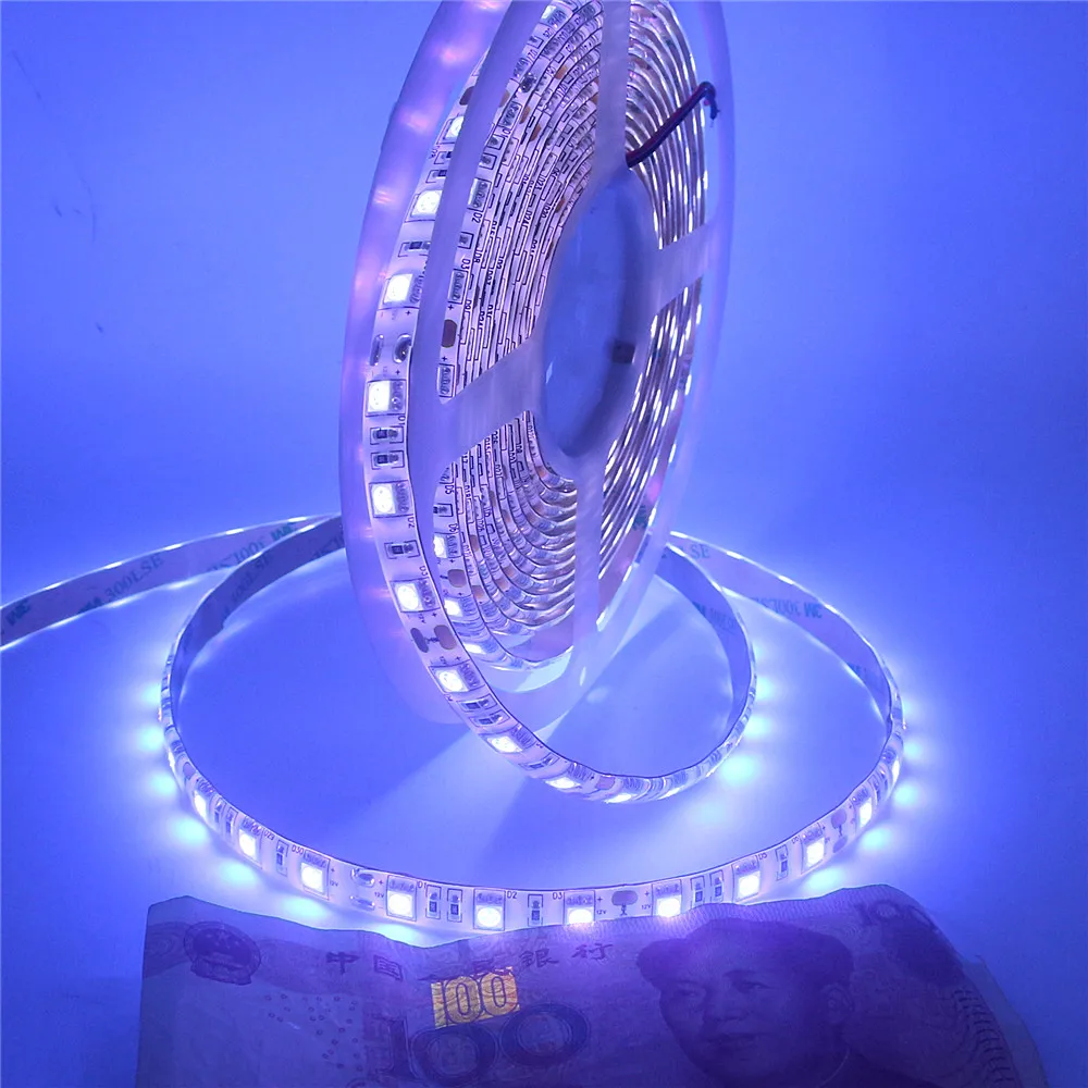 

5050 SMD 60leds/m 395-405nm UV Led Strip light Ultraviolet Ray LED Diode Ribbon Flexible Tape lamp for DJ Fluorescence 1m 2m 5m