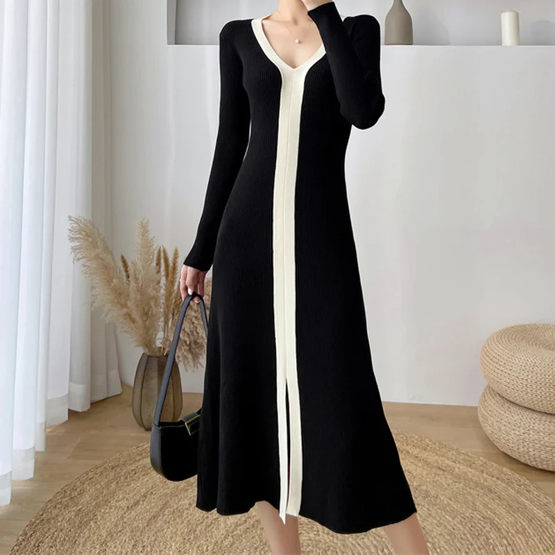 Женское Трикотажное Шерстяное Платье макси Элегантное черно-белое контрастное