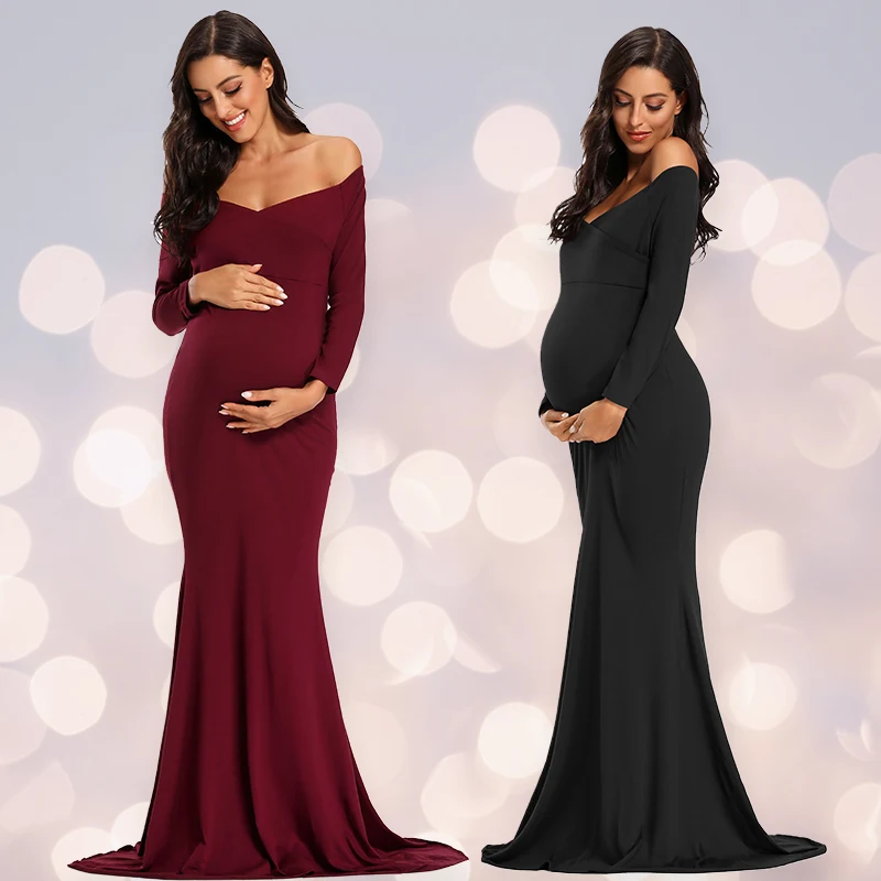Pink Off Shoulder Long Sleeve Maternity Dresses Fitted Sheath Pregnancy Dress  Photo Shoot Vestidos de fiesta de noche