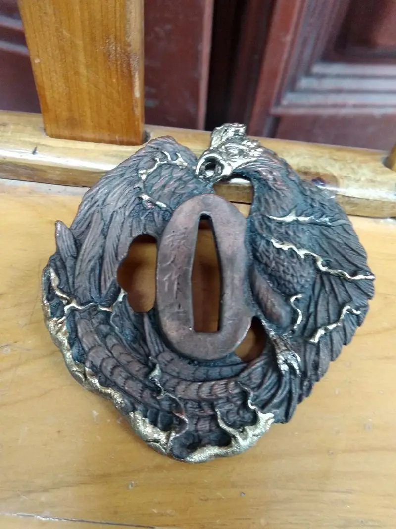 

Винтажный защитный чехол Tsuba использовать JP. Катана Меч вакизаси Танто Тотем Феникса Чистая медь очень редкая