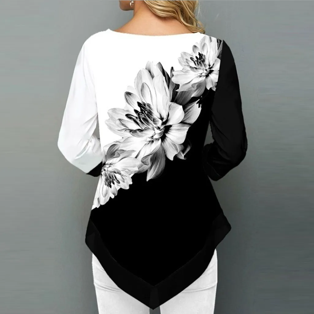 

Fashion Womens Long Sleeves Printing Blouses Chic Round Collar EasyIrregular Hem Tops Unique Charm Blouses