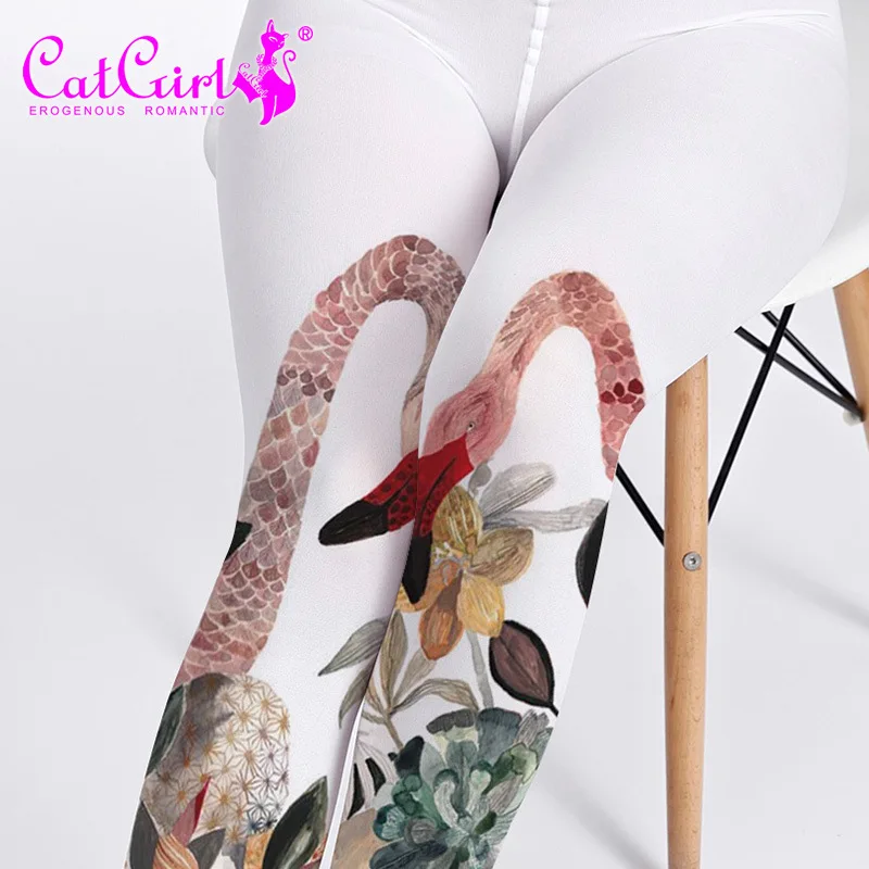 

2021 new summer high waist pantyhose stockings women's thin leggings stockings retro leaves flamingo stockings casual leggings