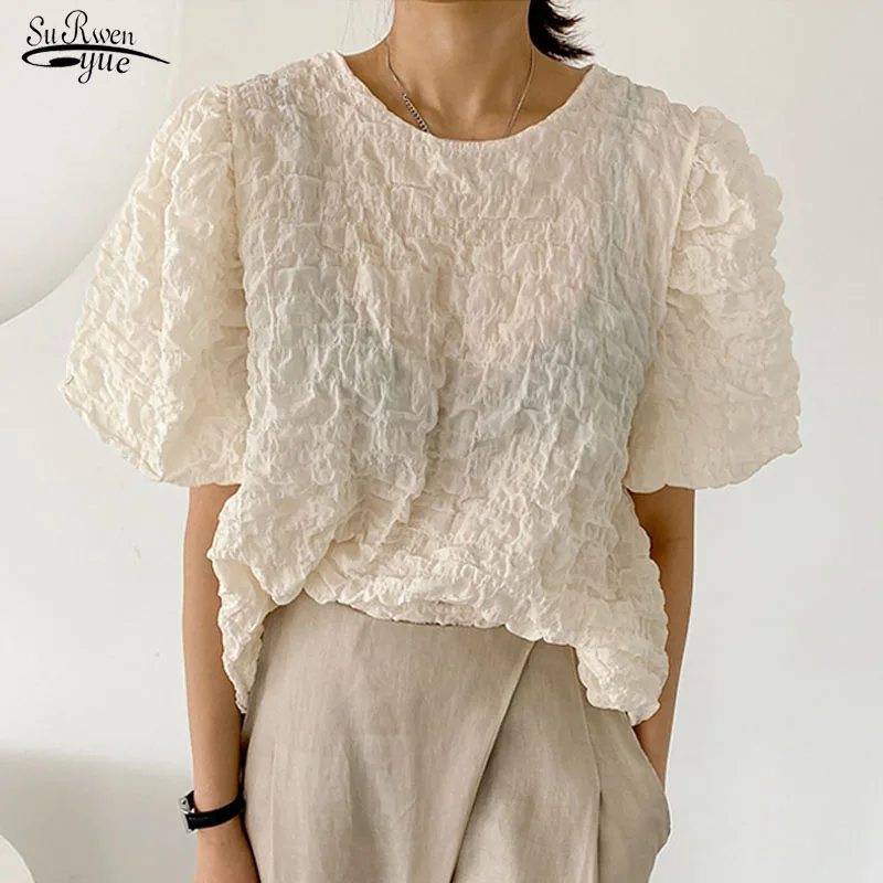 

Summer New Korean Fashion Loose Casual Tops Short Sleeve Pleated Blouse Women Puff Sleeve Simple O-Neck Shirt Blusas Mujer 13752