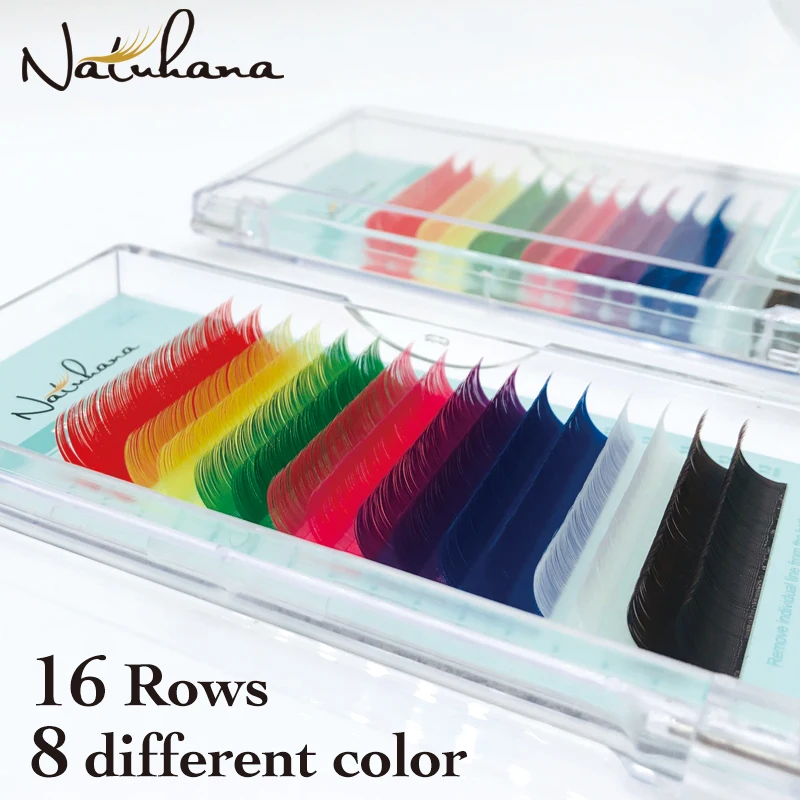 NATUHANA, 16 рядов, красные, желтые, зеленые, розовые, фиолетовые, синие, белые, коричневые, смешанные цвета, наращивание ресниц, премиум класса, индивидуальные норковые цветные ресницы