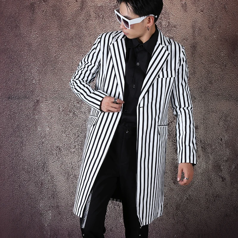Уличная одежда для мужчин повседневный Длинный блейзер в полоску стиле хип хоп