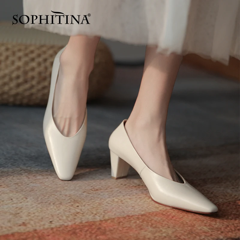 

Женские туфли-лодочки SOPHITINA, простая офисная обувь из натуральной кожи, на толстом каблуке, квадратный носок, однотонные, AO324, весна