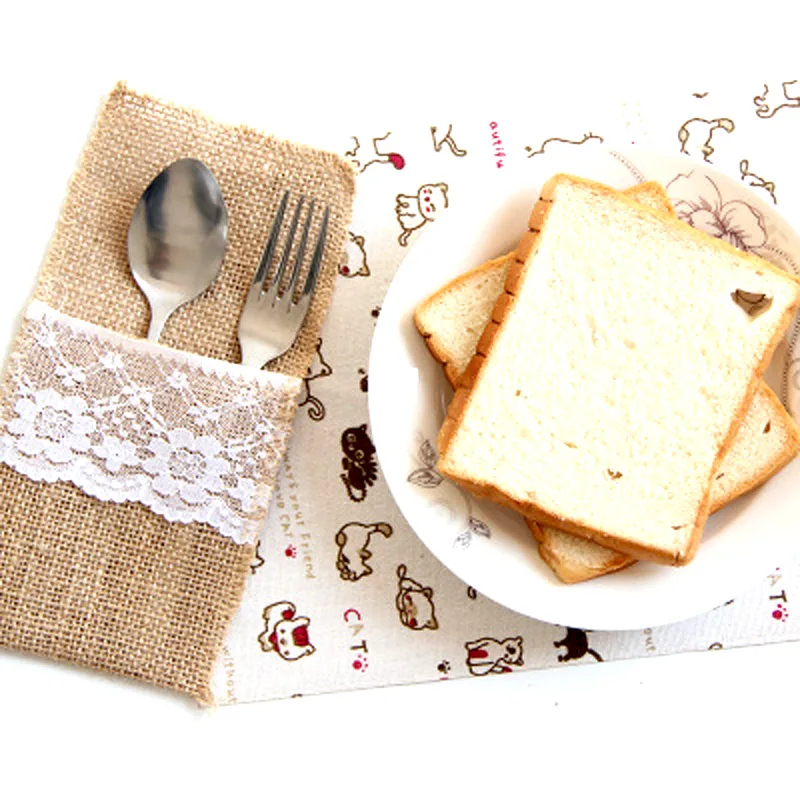 Вилки для ножей из Сумка посуды джутовой мешковины лента с кружевом винтажные