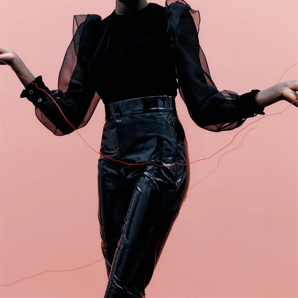 

TRAF Women 2021 Fashion Ruffled Mesh Sleeves And Panelling Velvet Blouses Vintage Long Sleeve Female Shirts Streetwear