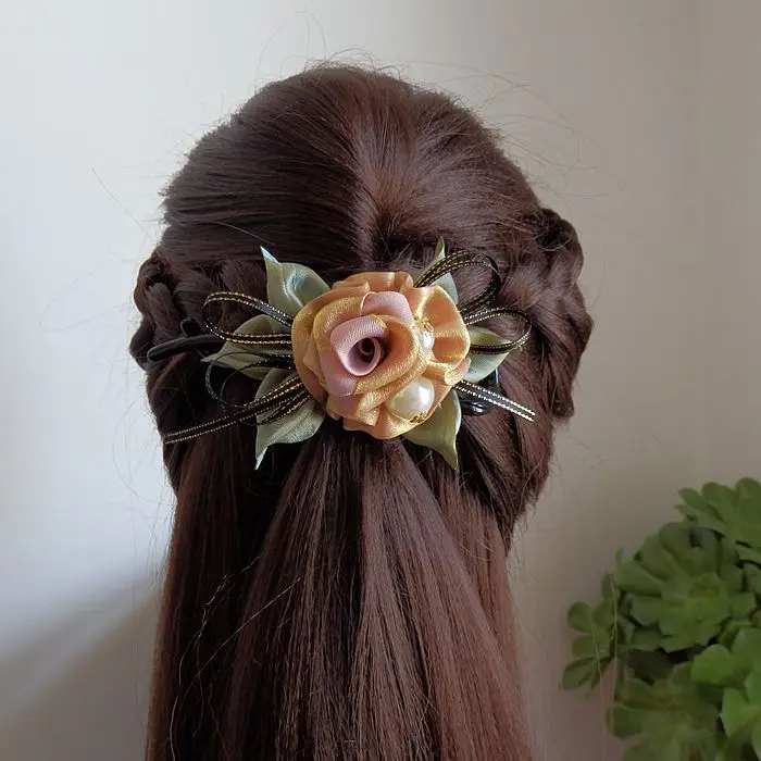 Оранжевый розовый ручной работы Пряжа жемчужный бант заколка для волос