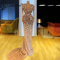 champagne long sleeve mermaid evening dresses 2021 v neck crystal heavy handwork prom party gowns custom made