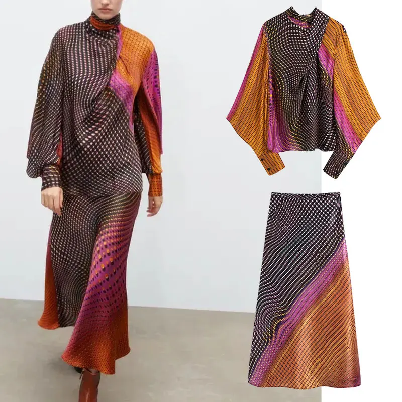 

Женский Повседневный костюм Za, комплект из 2 предметов: блузка с бантом и юбка с винтажным принтом, рубашка с длинным рукавом, топ и юбка миди,...