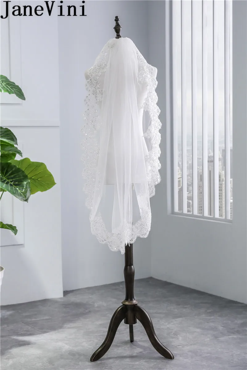 JaneVini один слой короткая свадебная вуаль белые пайетки Кружевная аппликация край