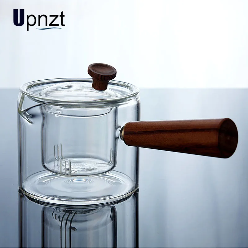 Стеклянный чайник с деревянной ручкой утолщенный термостойкий стеклянный