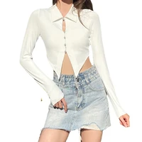 women t shirt spring autumn clothes ribbed knitted long sleeve crop tops single breasted design tee sexy female slim white tops