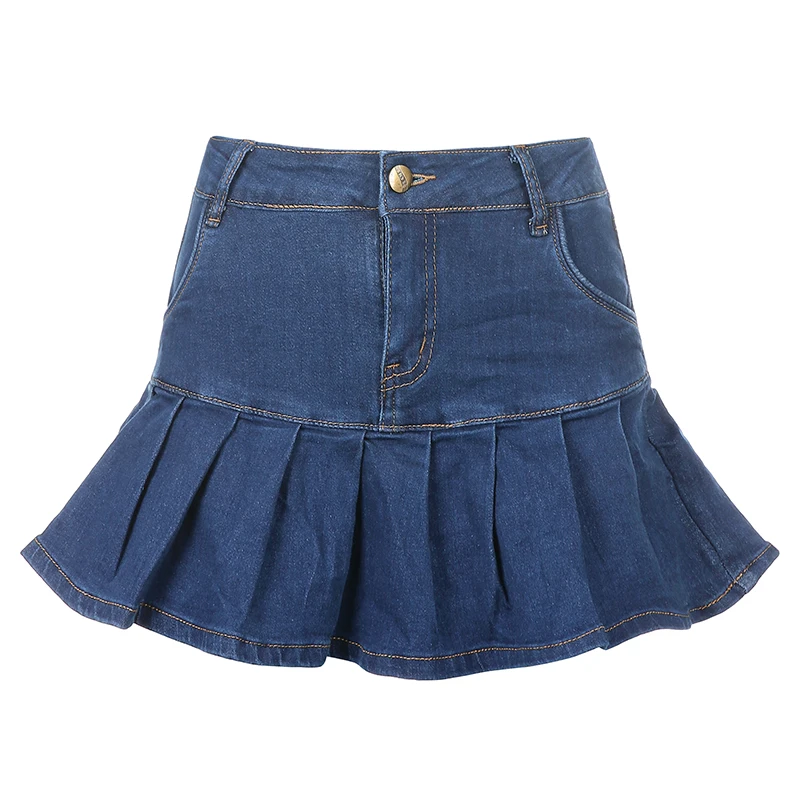 

Women Jean Skirt High Waist Pleated Skirts Zipper Mini Skirts Summer New 90S Streetwear Bottom Y2K Skinny Blue Skirt