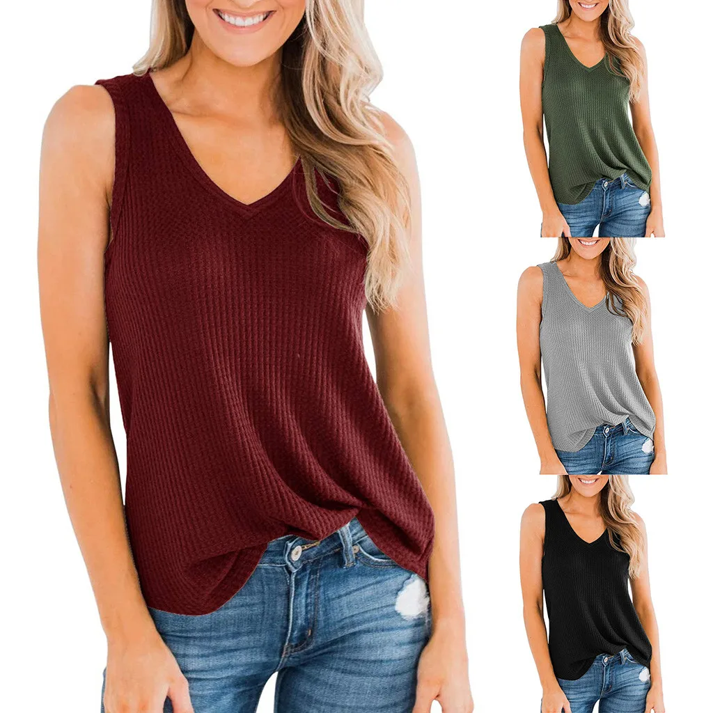 Модный мягкое вафельное Топики женские топы без рукавов футболка туника