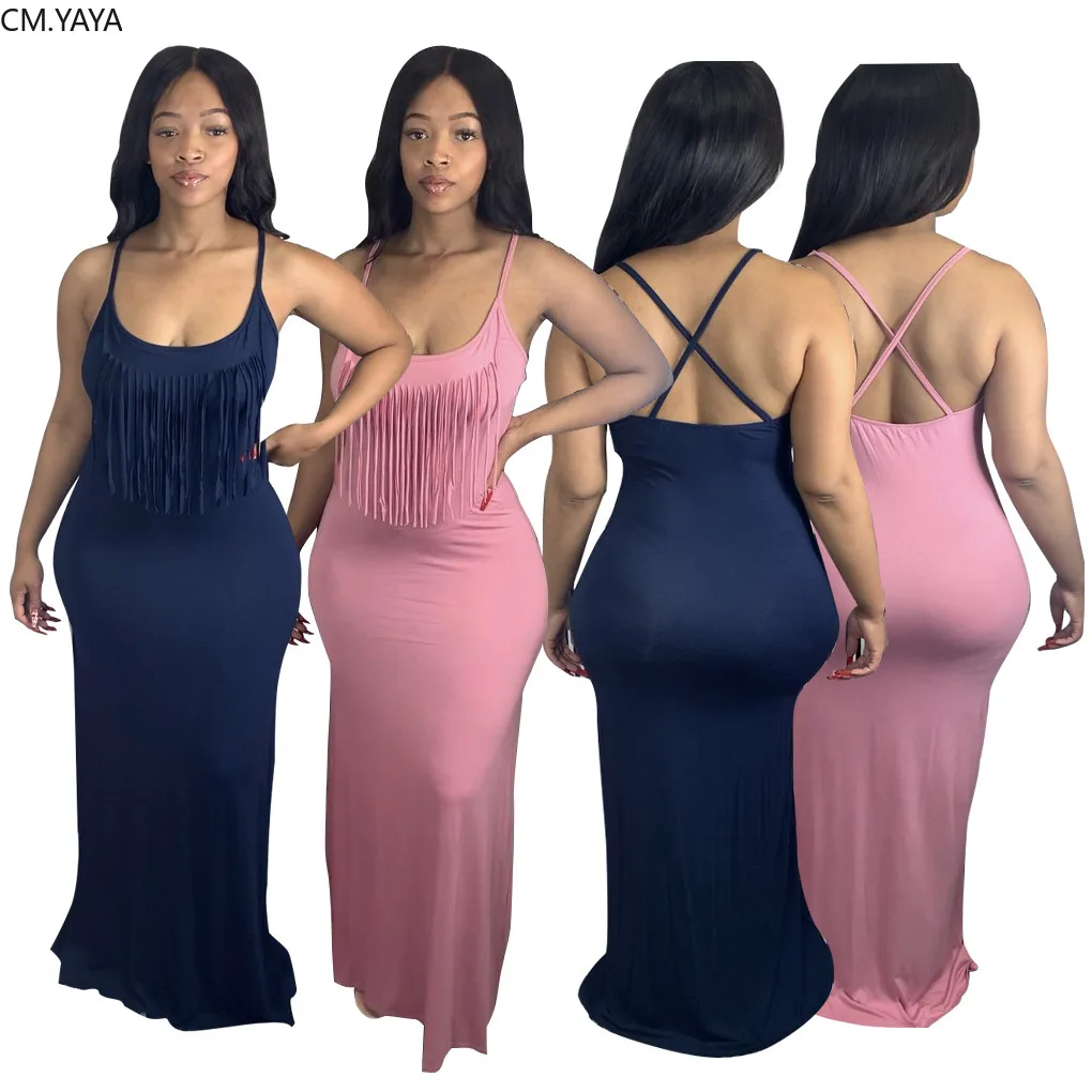CM.YAYA Women Spaghetti Strap Tassel Splicing Open Back Sleeveless Midi Maxi Dress Casual Long Tank Dresses | Женская одежда