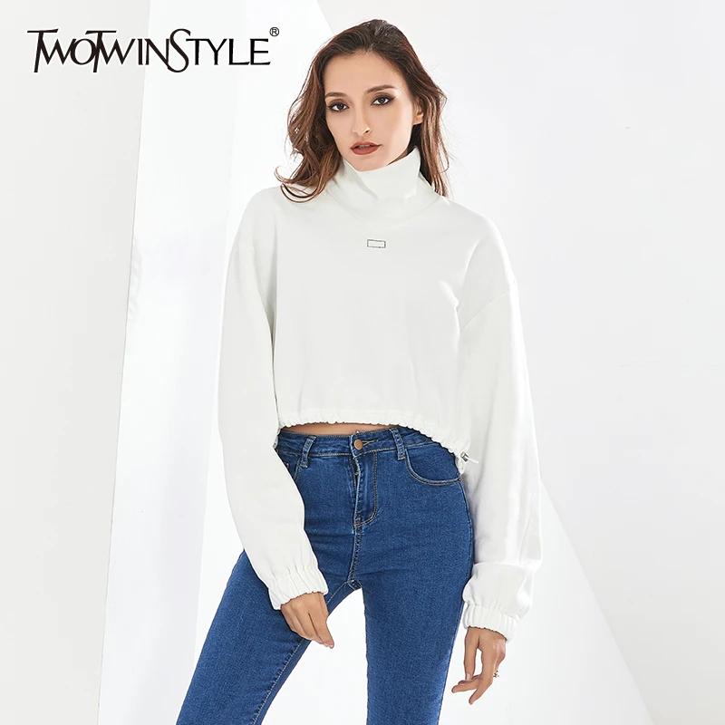 

TWOTWINSTYLE, повседневные белые короткие топы для женщин, с воротником-стойкой, с длинным рукавом, на завязках, одноцветная Толстовка для женщин, ...