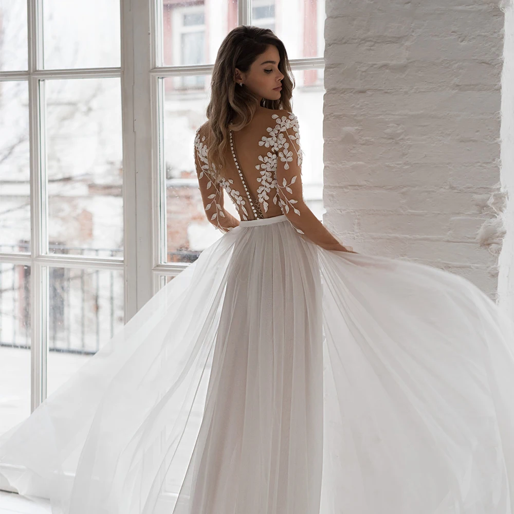 

Simple Tulle Wedding Dresses 2021 Slit Applique Scoop Neck Sweep Train A-line Long Sleeve Bridal Gowns