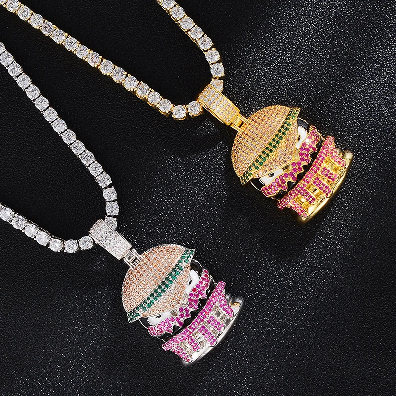 Хип-хоп Bling Hamburger Iced Cubic Zircon мужские ожерелья и подвески ювелирные изделия