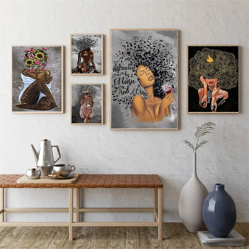 

African American Black Woman Art Print Poster Afro Black Girl Queen Power Canvas Painting Wall Pictures Girls Room Home Decor