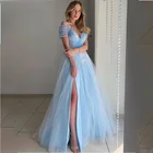 Женское платье с открытыми плечами, Длинное Элегантное платье небесно-голубого цвета с кружевной аппликацией и Боковым Разрезом для выпускного вечера