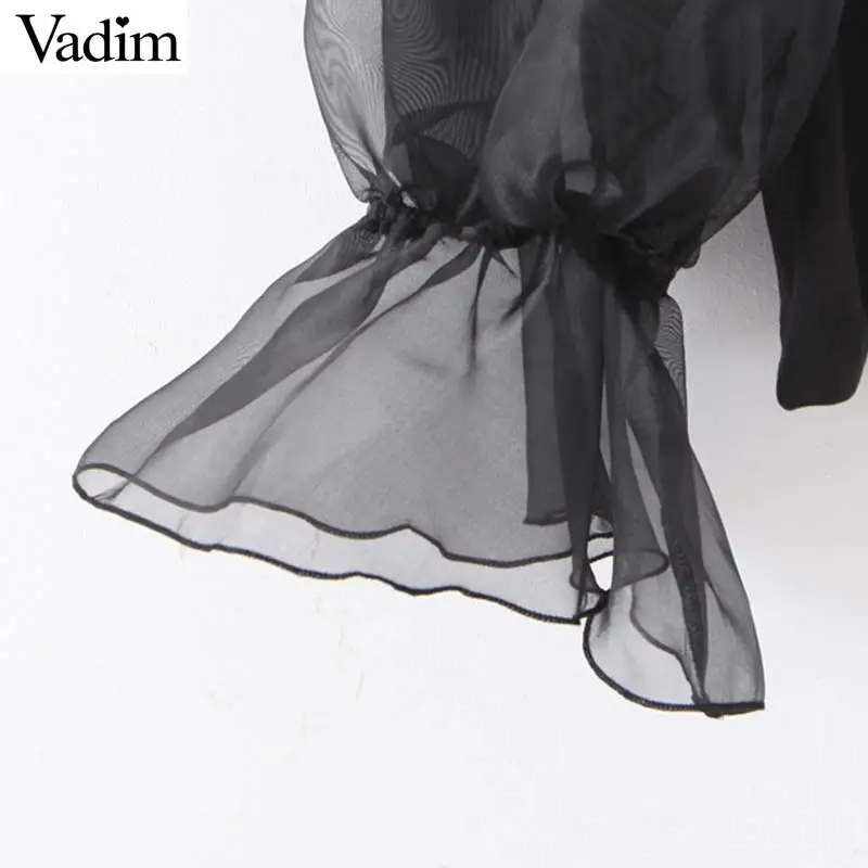 Vadim милый женский черный блуза из органзы с круглым вырезом длинными рукавами