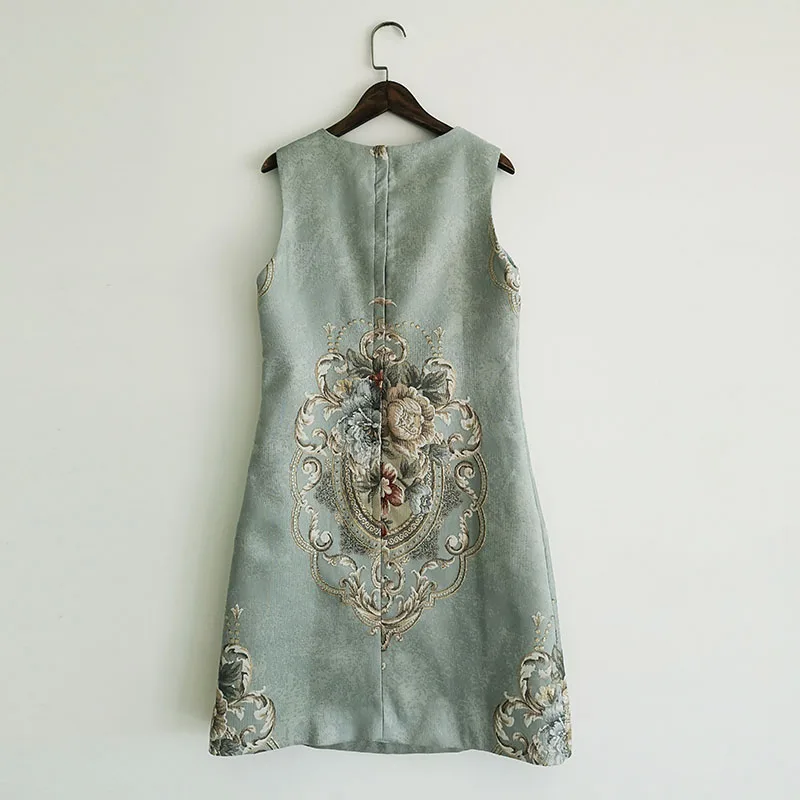 

Beading Summer Luxury Women 2021 Runway Fashion Sleeveless Flower Print Jacquard A-line Elegant Mini Dress