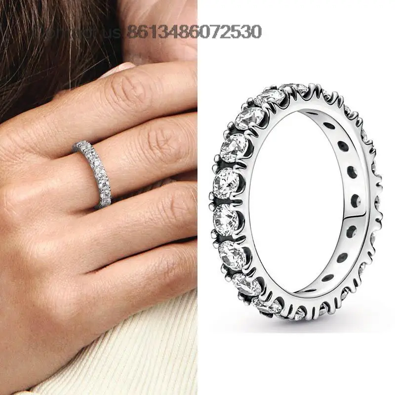 

New 925 Silver Row Eternity With Clear Crystal Ring Fit Original Brand Diy Fine Jewelry Women Gift For Fine Ring Making