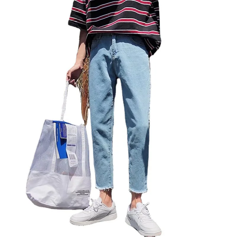 

Jeans Men's Fashion Brand Burr Cropped Trousers Summer Korean Style Fashionable Student Loose Straight Ankle-Tied Pants