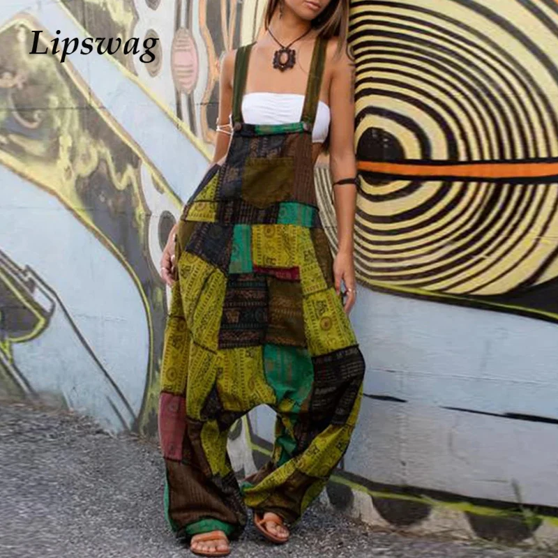 

Женский комбинезон с открытыми плечами, винтажный Свободный комбинезон без рукавов с принтом, повседневный комбинезон на бретелях с карман...