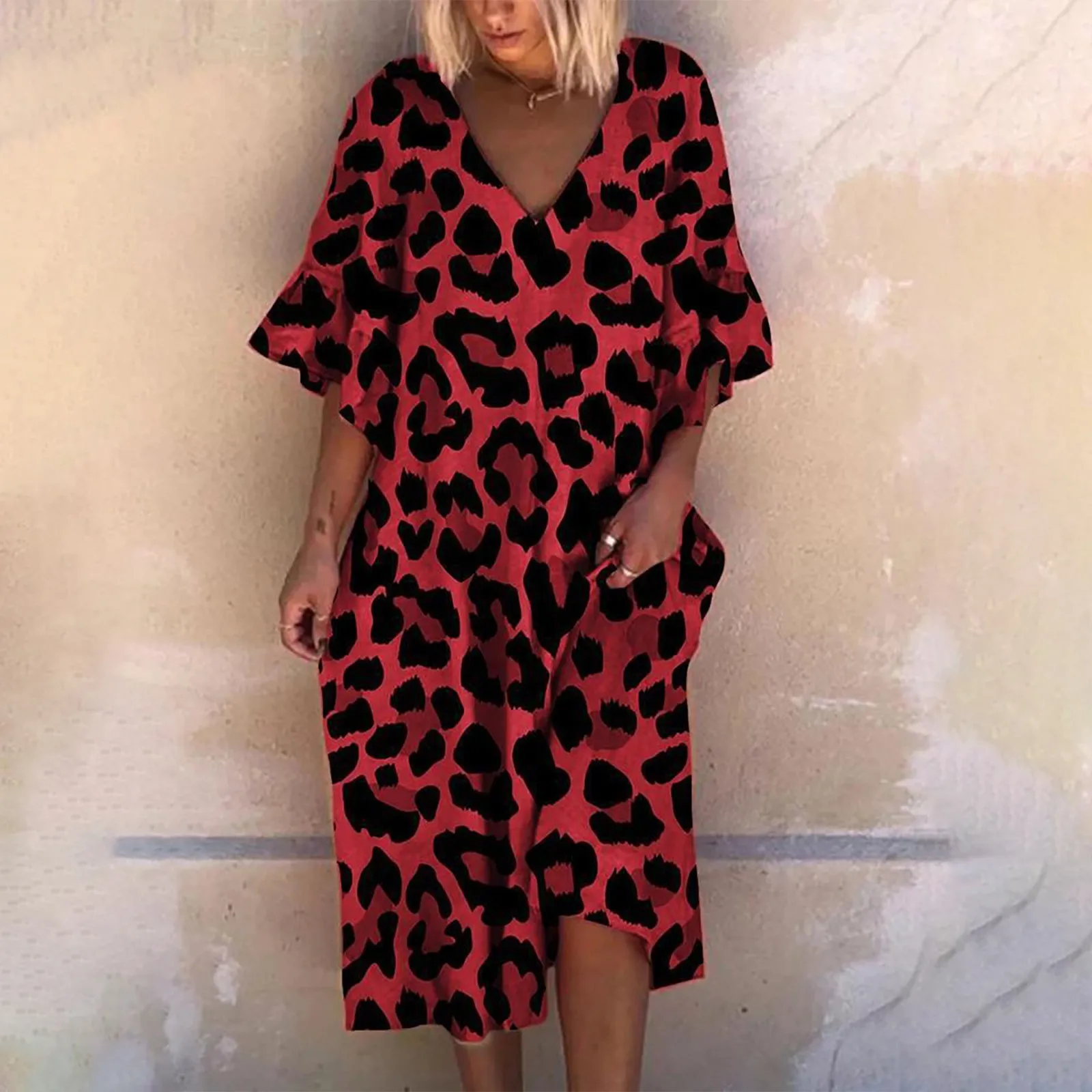 Женское леопардовое платье с коротким рукавом и V образным вырезом|Женские