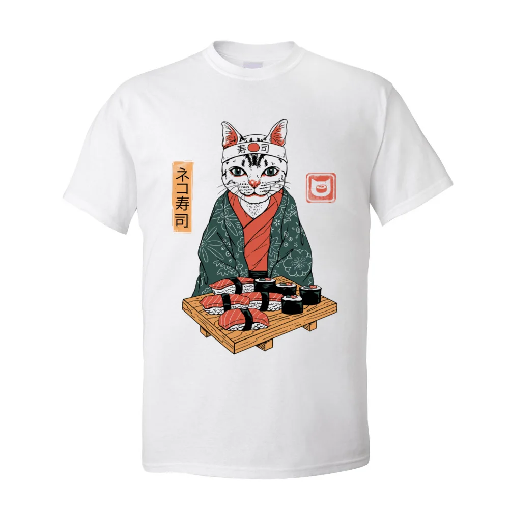 

Men T-shirts Japanese Style TShirt Neko Sushi Bar White Tees 2020 Newest Funny Cat Short Sleeve Cotton Fabric T Shirt