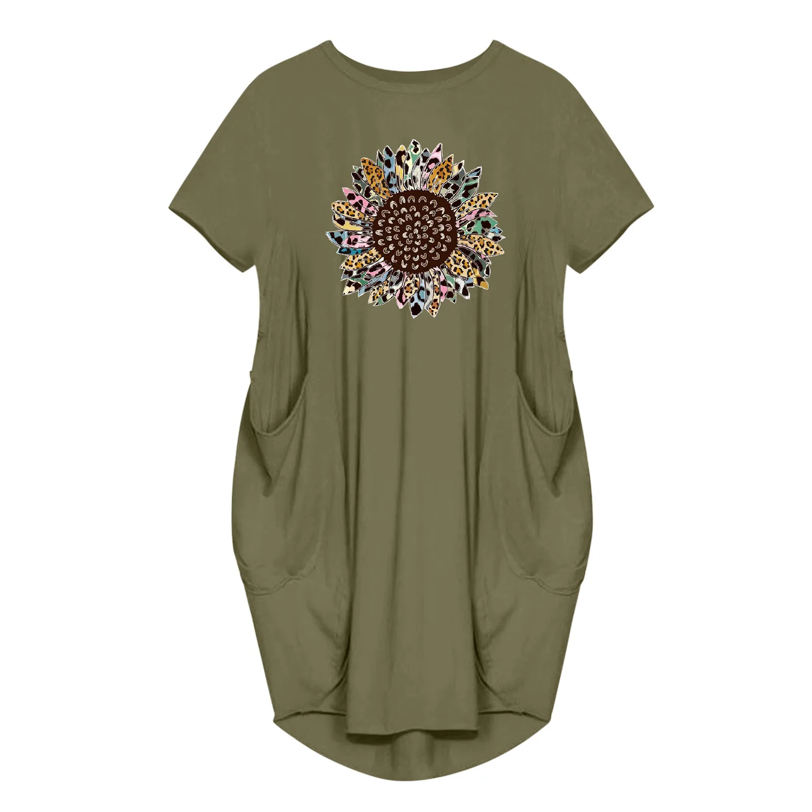 

40# Vintage Floral Printed Pockets Dress Woman Summer O-neck Short Sleeve Knee Length Dresses Oversize Loose Dress Vestidos