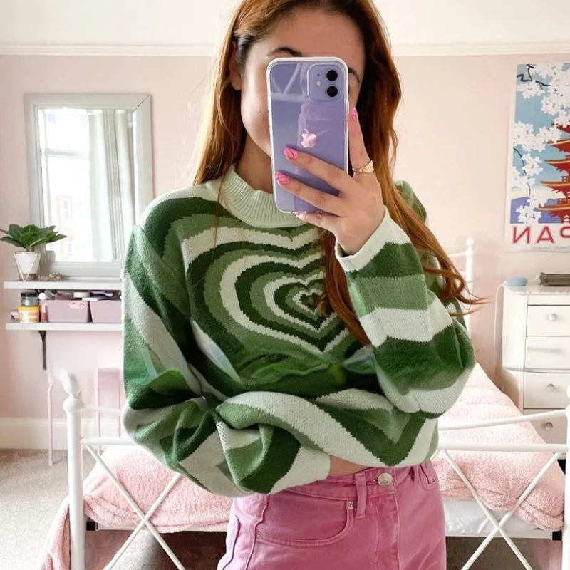 

Green Heart Striped Turtleneck Sweaters Women E-girl Sweet Pullovers Long Sleeve Hot Sweater Knitwear