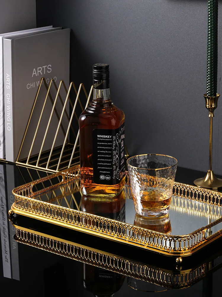 

European Minimalist Mirror Metal Tray Hollowed Out Phnom Penh Decorative Round Jewelry Tray Square Shelf