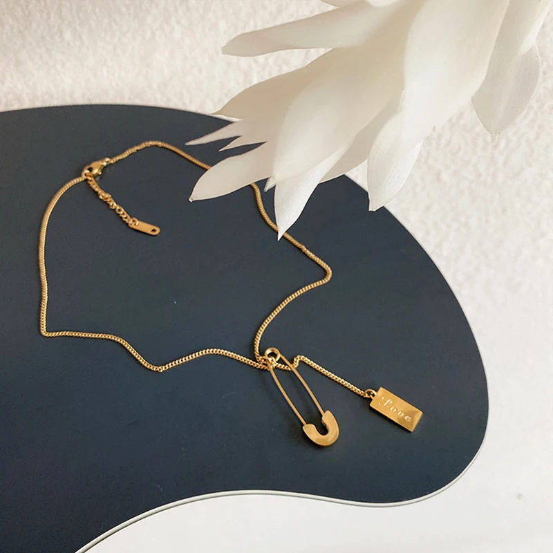 

316L Stainless Steel Paper Clip Pin Pendant Necklace For Women Simple Charms Clavicle Chain Choker Jewelry