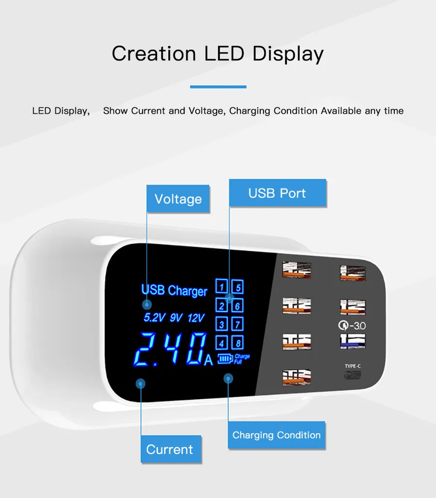 Зарядное устройство CRDC USB 8 портов Быстрая зарядка 3,0 QC 3,0 светодиодный дисплей для мобильного телефона быстрое зарядное устройство адаптер для iPhone Xiaomi USB-зарядное устройство