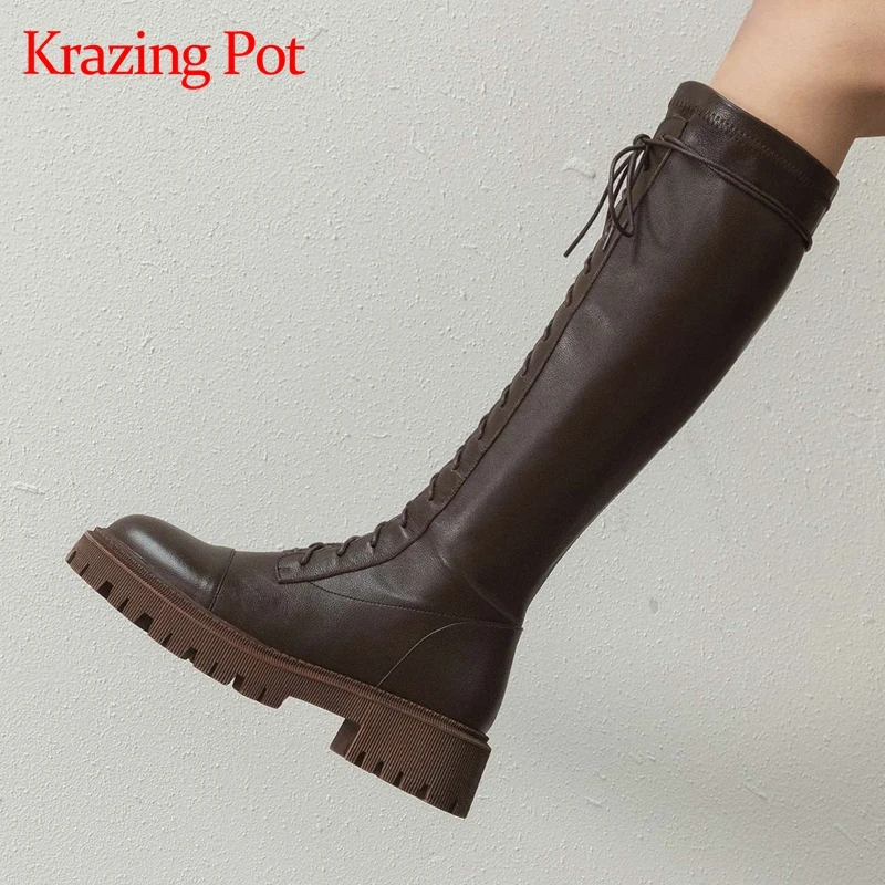 

Krazing pot genuine leather round toe high heel riding boots cross-tied vintage gladiator young lady casual knee-high boots L9f1