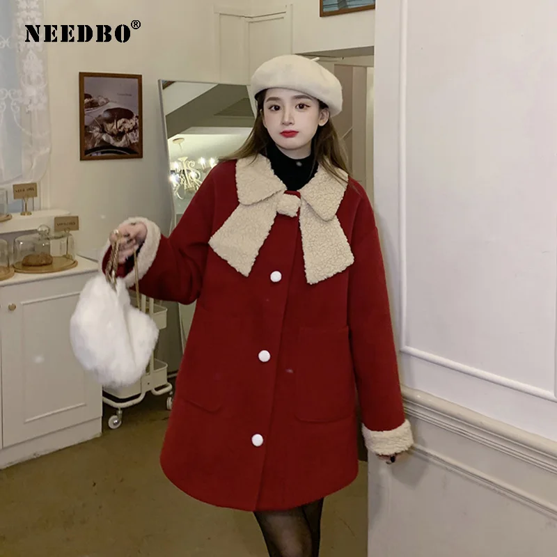 NEEDBO Winter Kawaii Coat Women Patchwork Warm Loose Outwear Thick Overcoat Fashion Woolen Lapel Coat Female Red Coats Tide