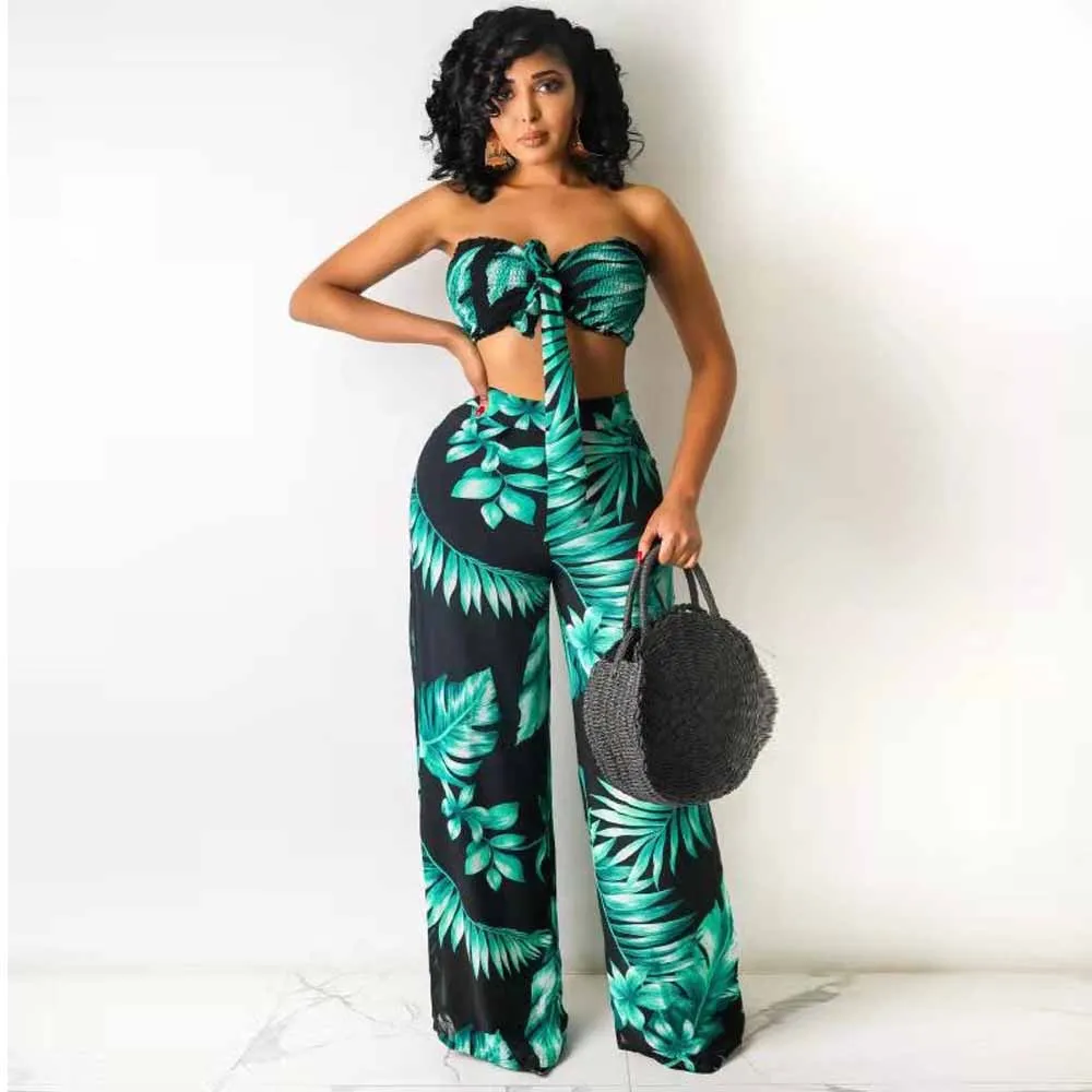 

hirigin Summer Leaves Print Tie Front Strapless Crop Top and Straight Wide Leg Trouser Matching Sets Vintage 2 Piece Suits