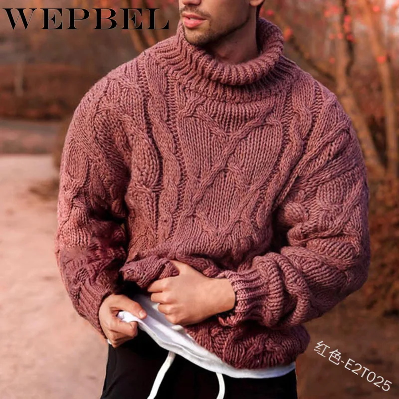 

WEPBEL Autumn Winter Men's Sweater Turtleneck Solid Cotton Sweater Knitted Warm Pullovers Jumper For Male Slim Fit Knitwear