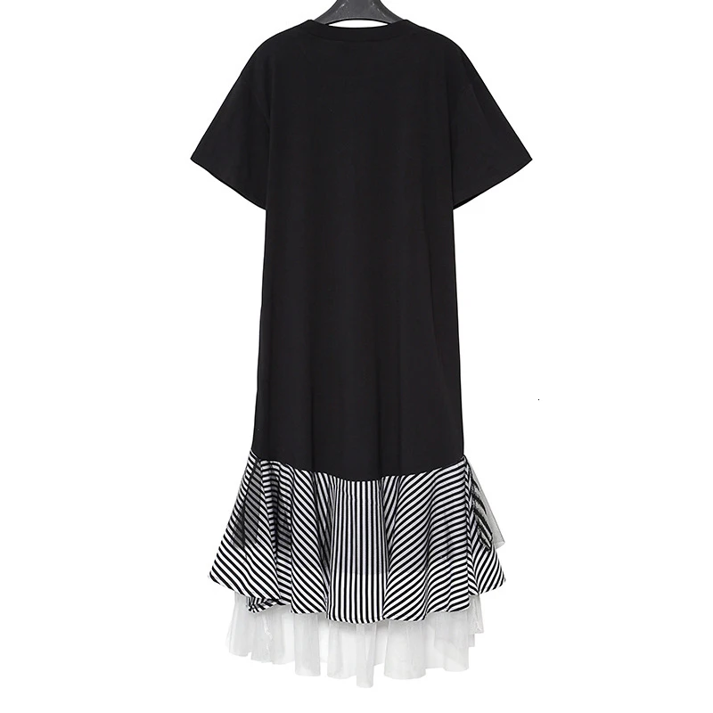 Платье-Русалка женское черное с круглым вырезом и коротким рукавом оборками